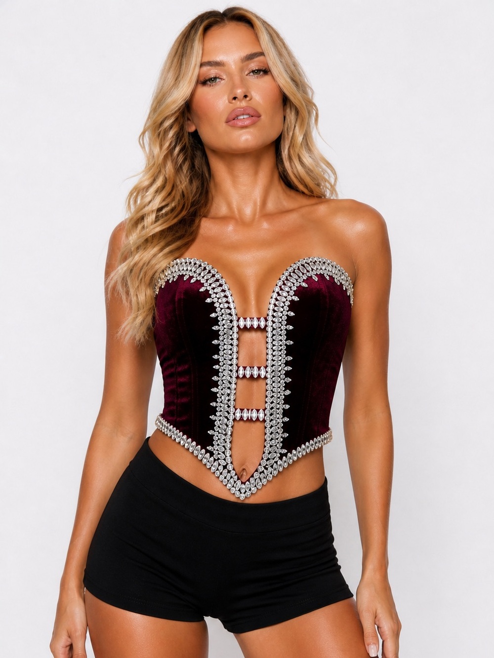 Burgundy Rhinestone Corset Top | Strapless Velvet Bustier | S/M/L
